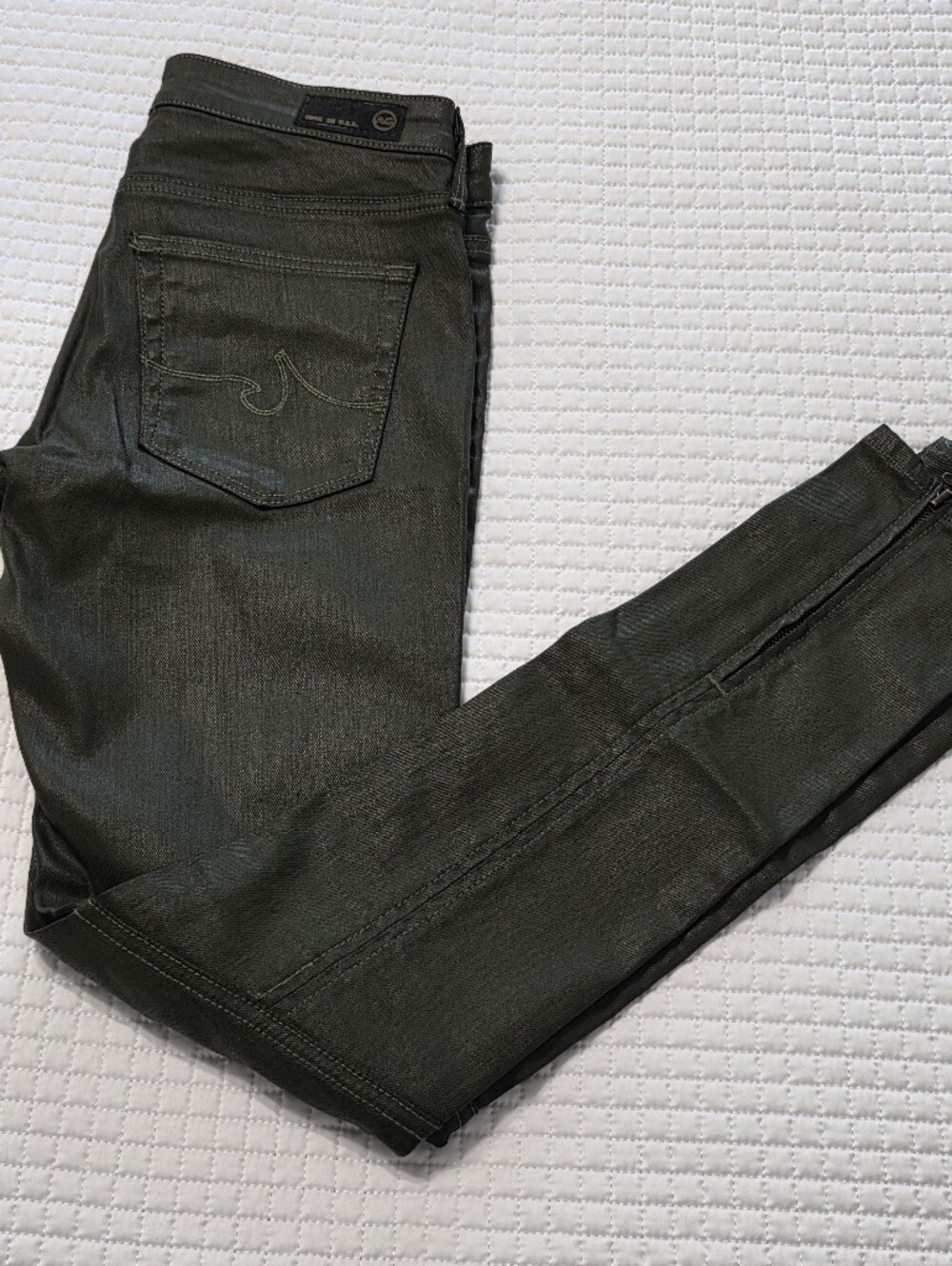 Ag Adriano Goldschmied Coated Dark Olive Skinny Moto Jeans with Zip Ankles